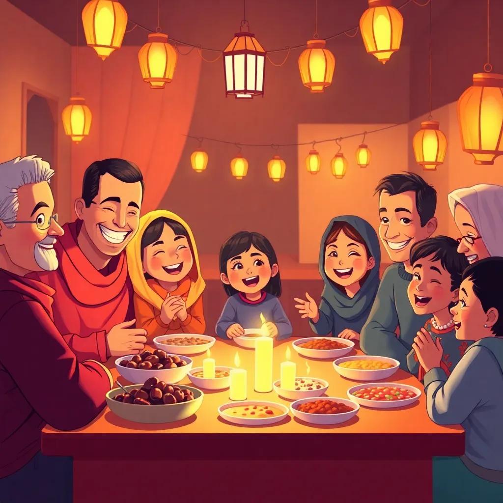 Families gathered around a table for iftar, with delicious food like dates and lentil soup, children smiling and laughing, warm light from lanterns, happy gatherings, illustration, warm colors, joyful, high quality