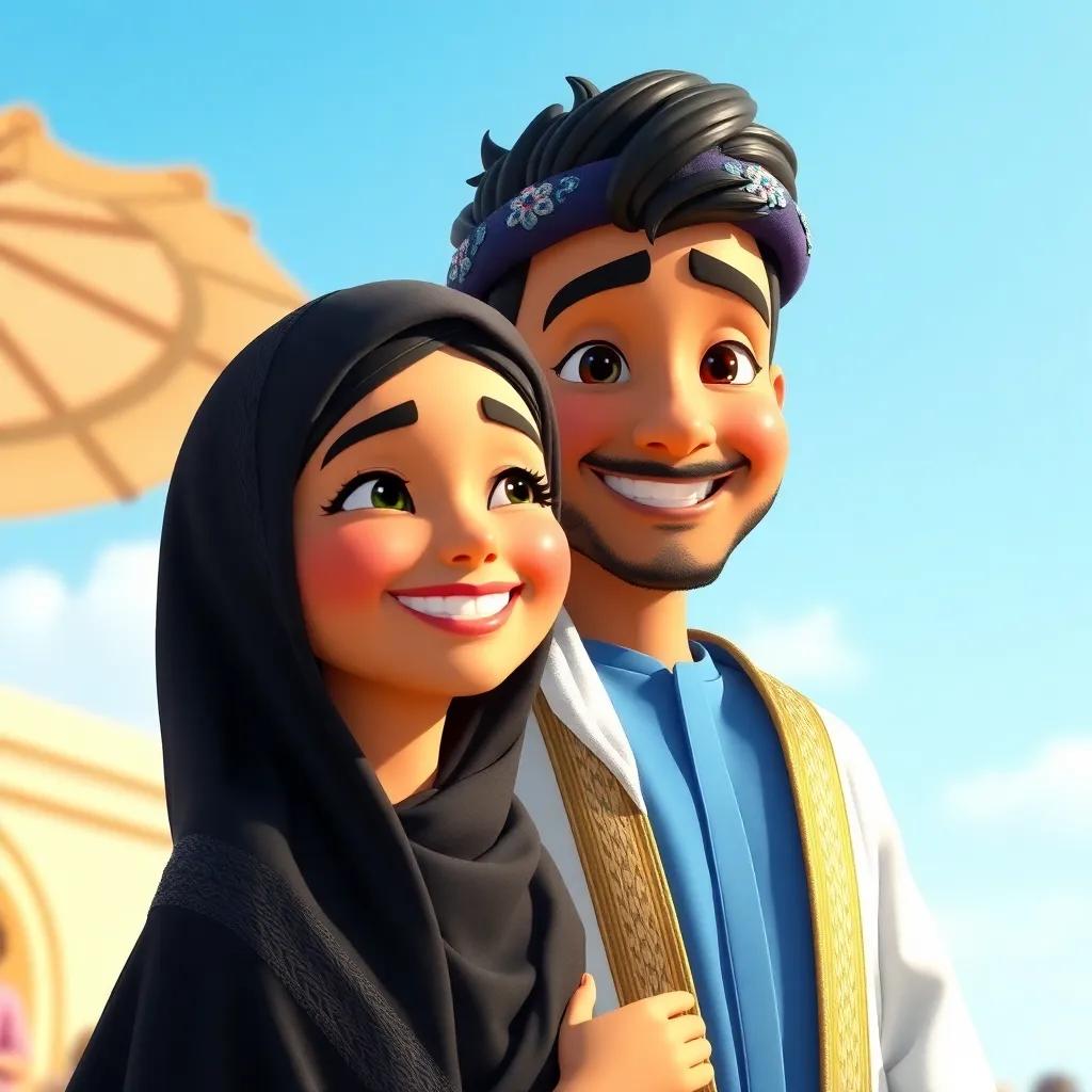 A warm sunny day with a blue sky, a handsome Omani man named Mazen wearing a traditional dishdasha and blue kumma, smiling at his fiancée Shaima as she wears a black abaya, joyful atmosphere, colorful details, cheerful, family gathering, high quality