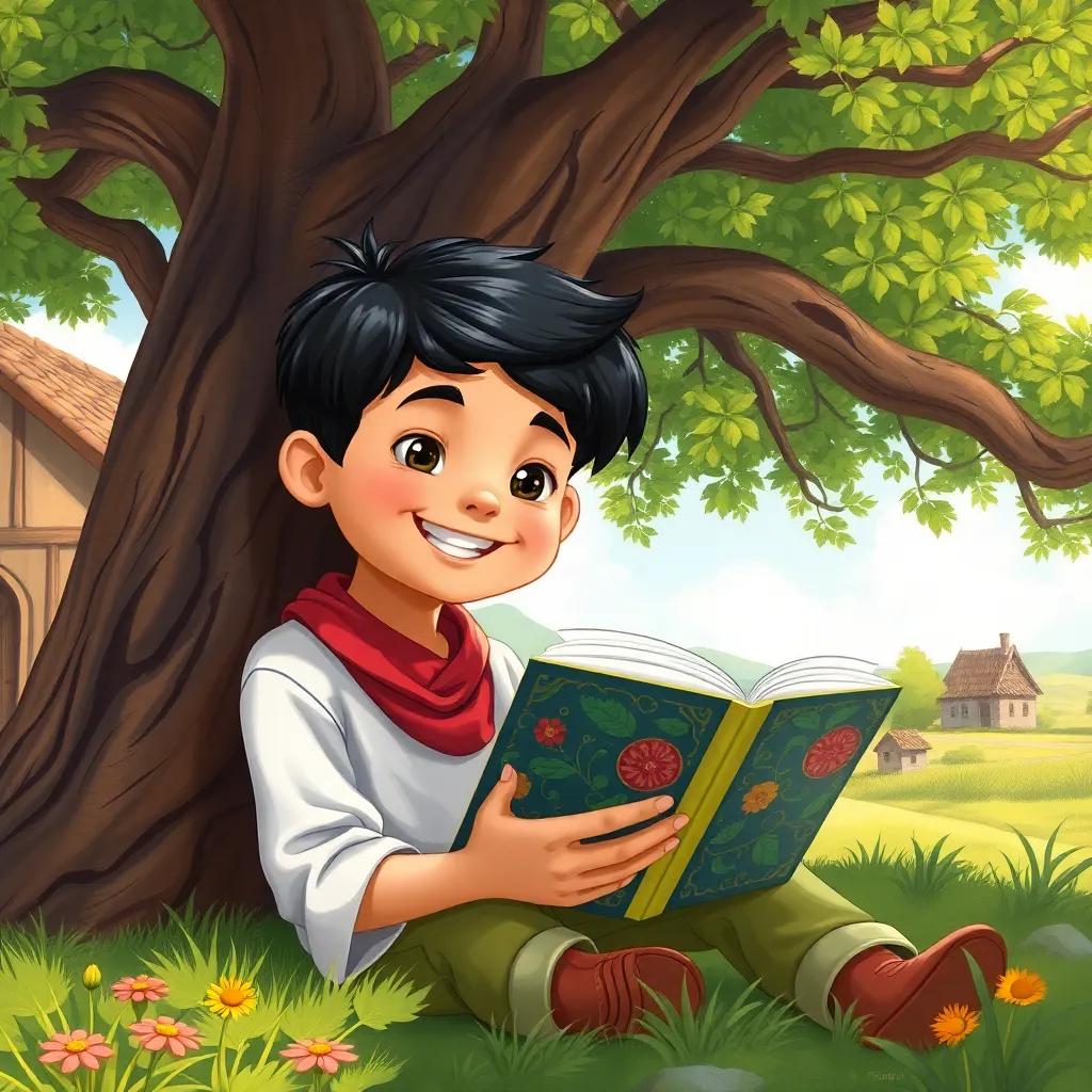 A boy named Hossam, with short black hair and a bright smile, sitting under a large tree in a village, reading a colorful book, sunny day, cheerful atmosphere, detailed illustration, inviting and friendly scene