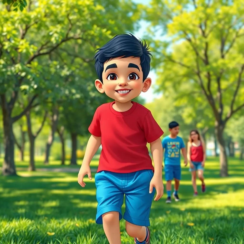 A young Arab boy, Sami, with short black hair, wearing a red t-shirt and blue shorts, playing in a vibrant green park with his friends, sunny day, cheerful atmosphere, digital art, bright colors, joyful perspective, high quality