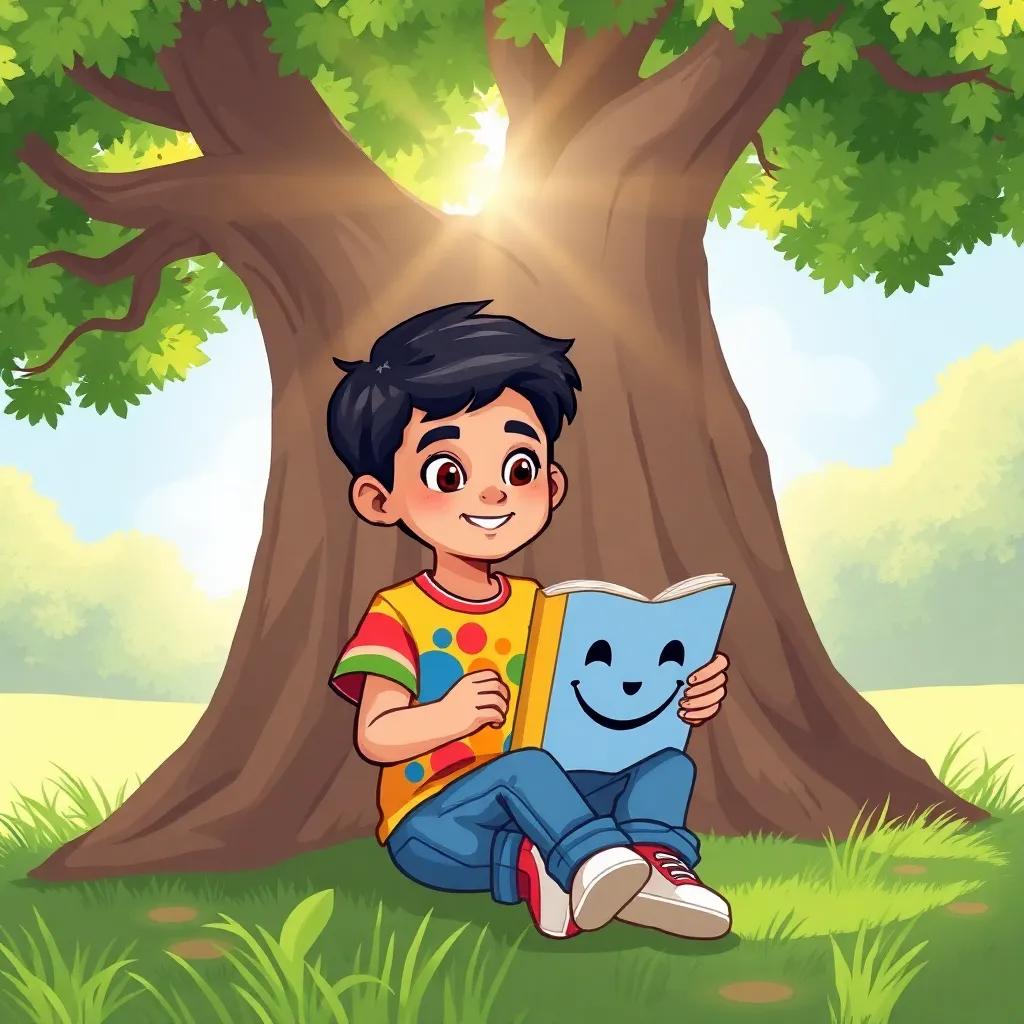 A young Arab boy, Adil, with short, dark hair, wearing a colorful t-shirt and jeans, sitting under a big tree with a colorful book that has a smiling face, surrounded by sunshine and green grass, cheerful atmosphere, digital art, bright colors, child-friendly
