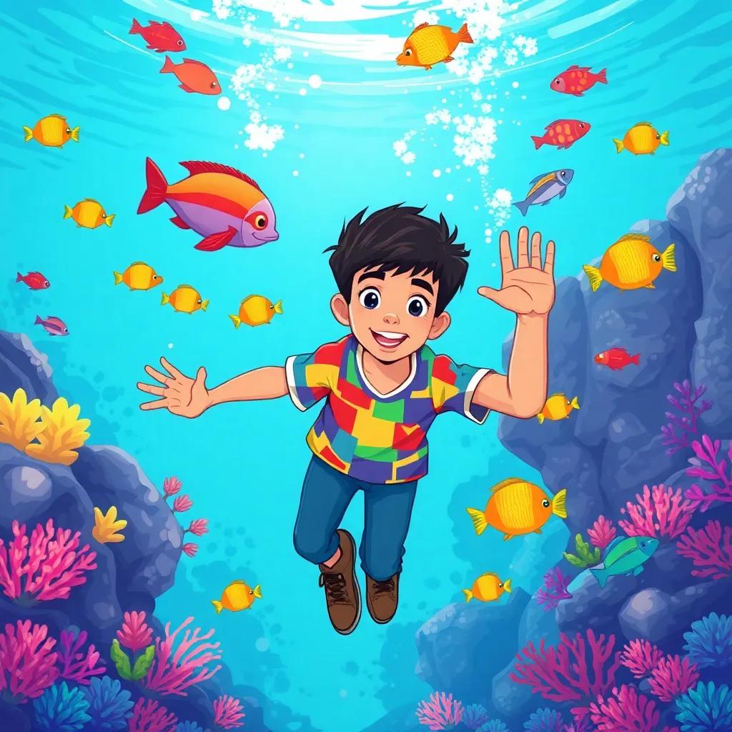 A young Arab boy, Adil, with short, dark hair, wearing a colorful t-shirt and jeans, diving underwater with colorful fish swimming around him, vibrant coral, magical underwater world, fantasy, illustration, bright colors, playful mood