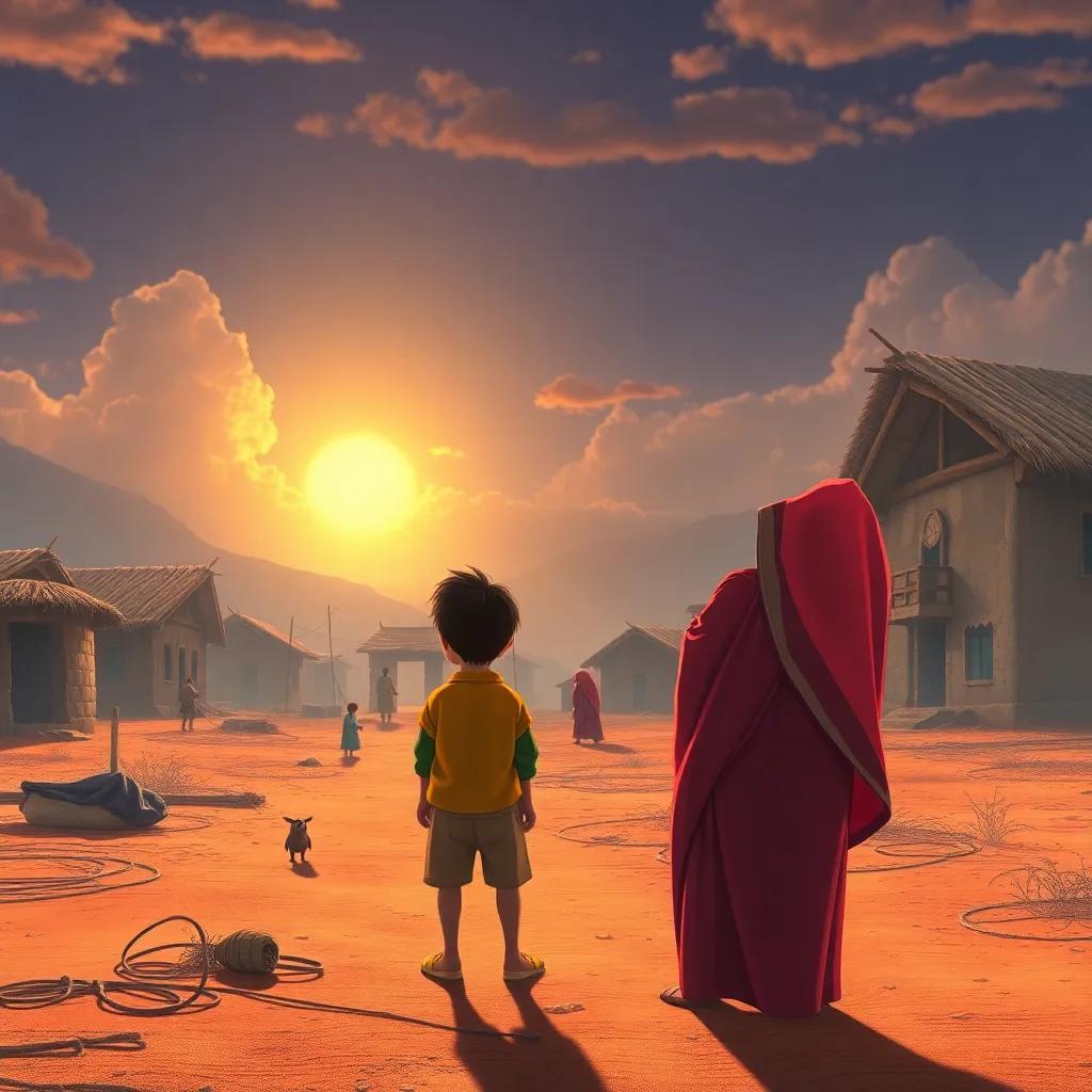 A small village with dry fields and sad villagers, a young boy named Ali standing with his mother, looking at the sky with hope, warm light, bright colors, uplifting scene, high quality