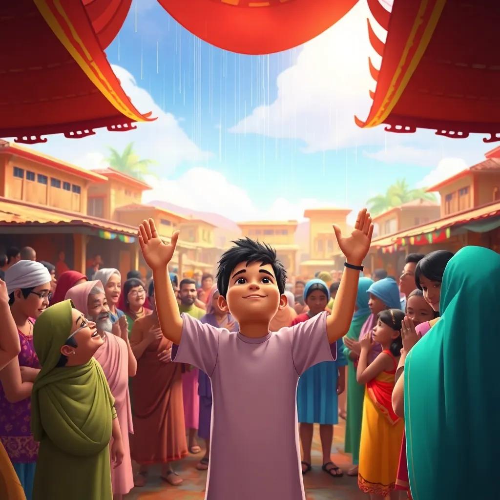 A village square filled with joyful villagers standing in prayer, a young boy named Ali raising his hands to the sky, raindrops starting to fall, colorful atmosphere, celebration scene, high quality