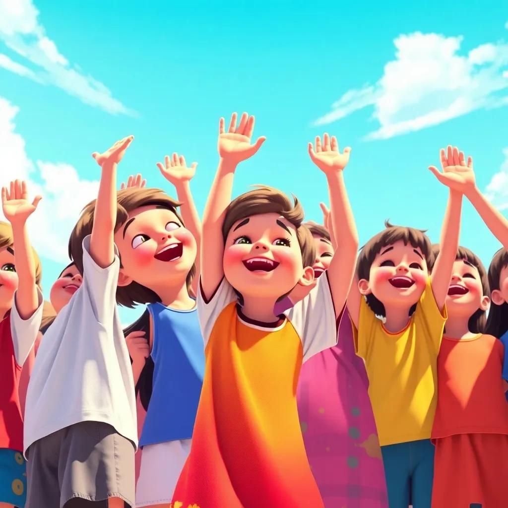 A group of joyful children, gathering under a clear sky, with colorful clothes, some holding hands while raising their arms to the sky, vibrant atmosphere, focused on their prayers, digital art, cheerful, engaging