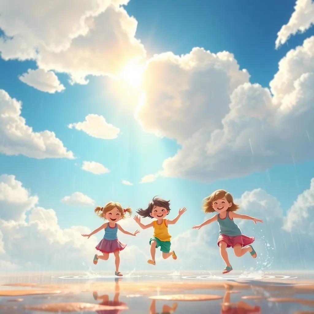 A collection of fluffy clouds beginning to form in the sky, with sunlight peeking through, and children dancing joyfully in the rain, splashing in puddles, bright and colorful scene, happy emotions, digital painting, lively and uplifting