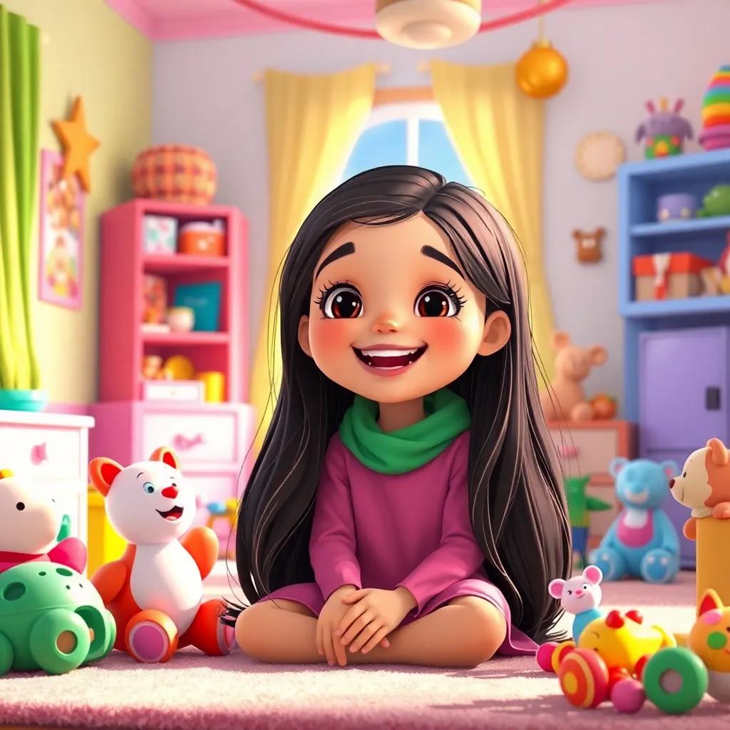 A young Arab girl, Mariam, with long, dark hair, smiling widely, sitting in her colorful room filled with toys, excitedly inviting friends, digital art, bright colors, cheerful atmosphere