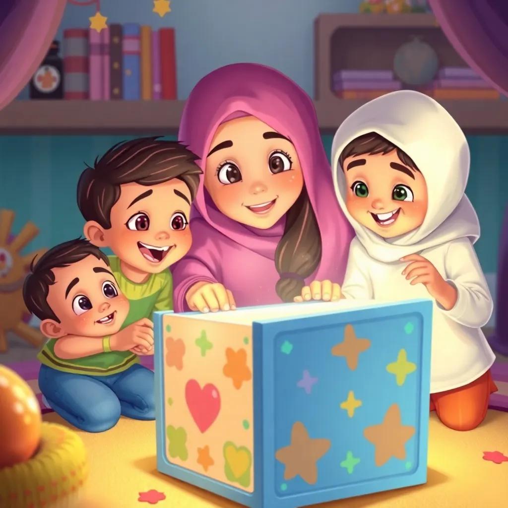 Three children, Sami, Lina, and Rami, eagerly looking at a magical toy box, with expressions of curiosity and joy, surrounding Mariam, illustration, lively, fun-filled scene