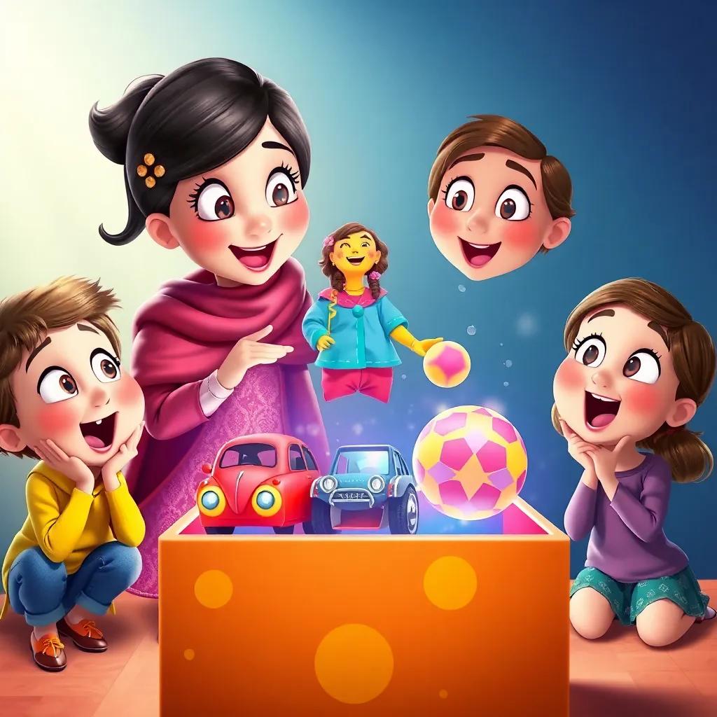 Mariam taking out a colorful doll, a small car, and a bright ball from the magical box with amazed expressions of her friends, vibrant colors, engaging and lively
