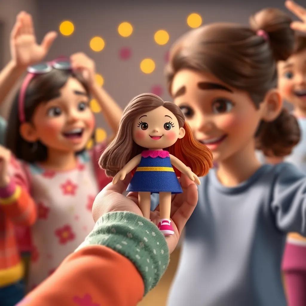 A close-up of Mariam's hand holding a colorful doll, as the background shows her excited friends, warmth and happiness, child-friendly, cheerful