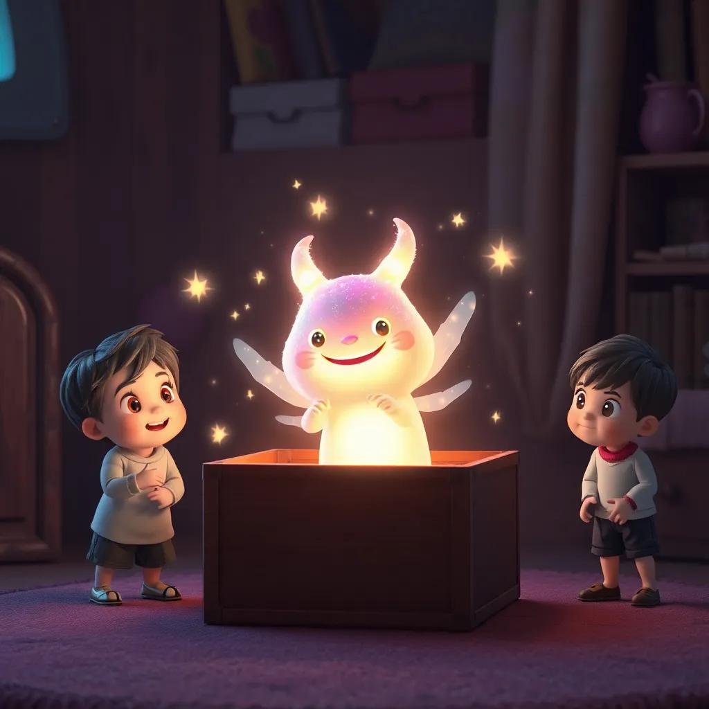 A glowing magical creature appearing from the toy box, with sparkling light around, looking friendly and magical, while the four children look on in wonder, fantasy, enchanting and delightful