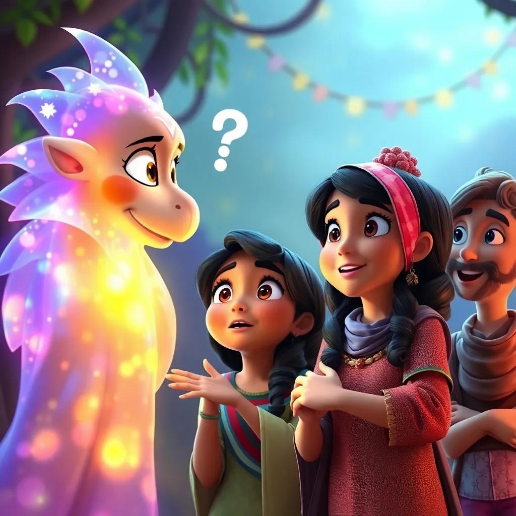 Mariam asking the magical spirit a question with a look of surprise, friends beside her with expressions of awe, colorful and warm atmosphere, imaginative and inviting