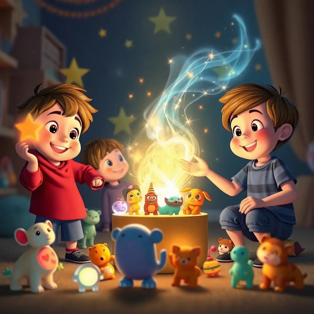 The magical spirit explaining how to use their imagination with glowing toys around, children looking enthusiastic, playful, vibrant and colorful