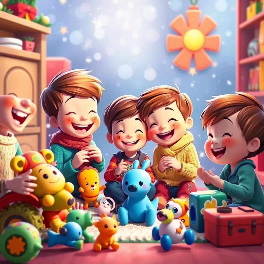 Children playing with animated toys, creations of their own with joyful laughter, sparkles flying, festive and vibrant setting