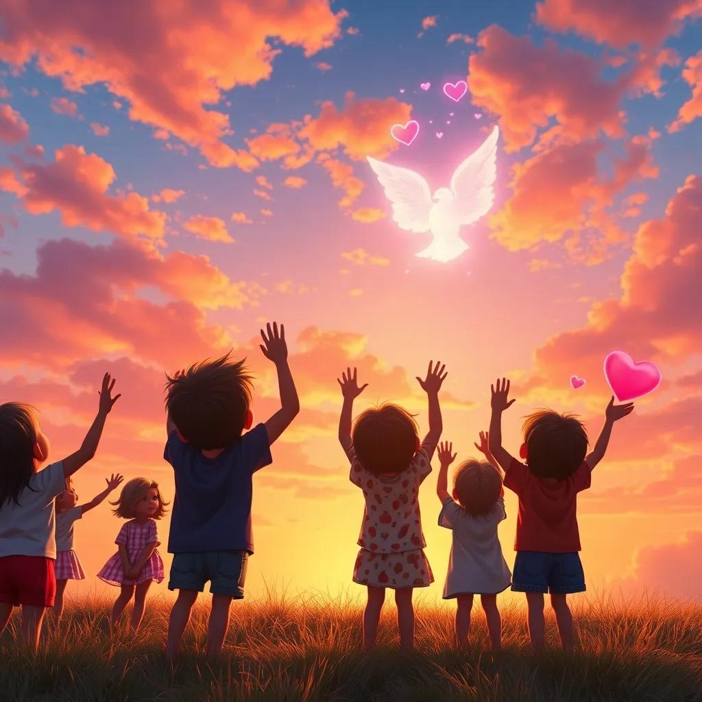 A scene of children waving goodbye to the magical spirit, hearts full of joy, sky filled with bright colors of sunset, magical and surreal
