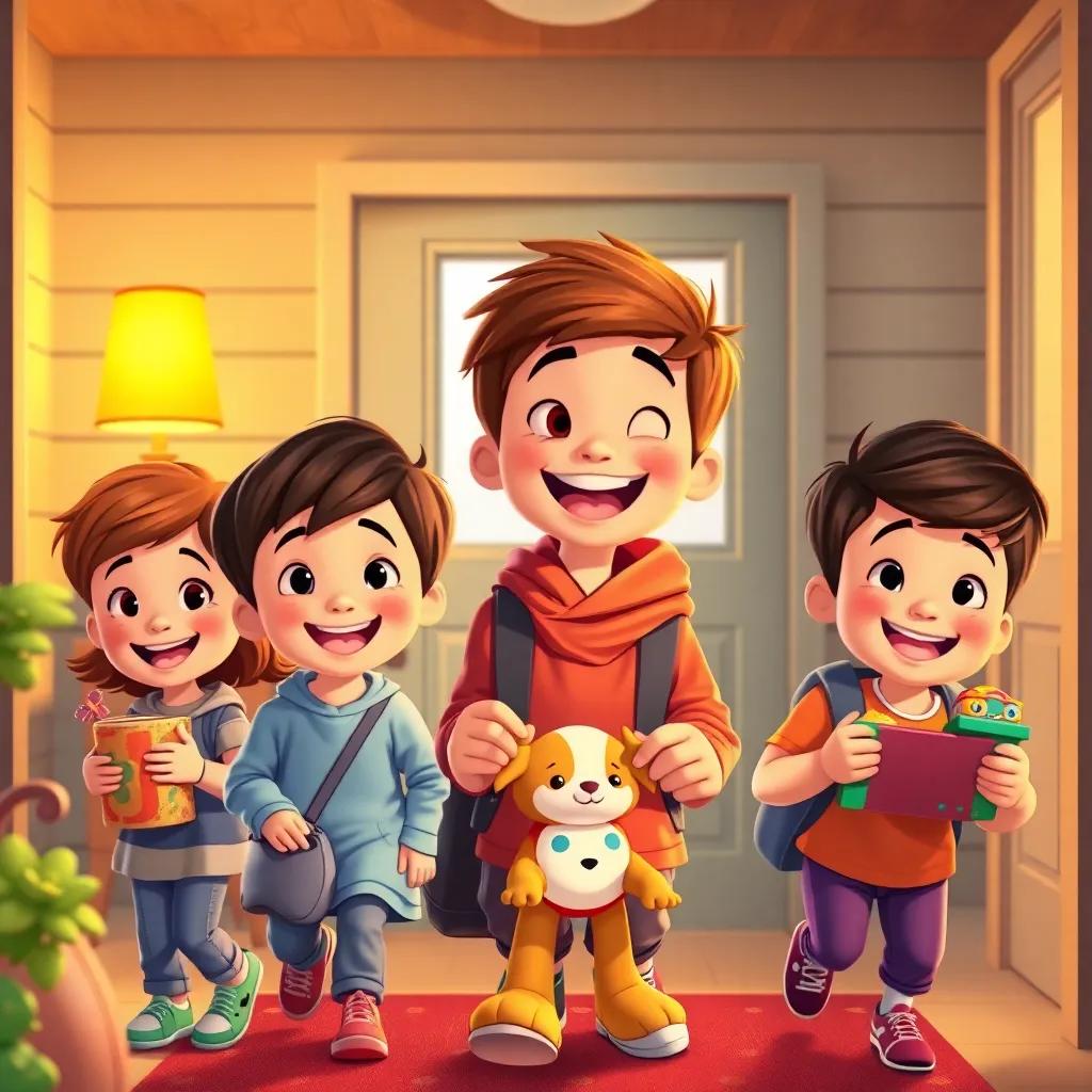 Children returning home happily with smiles, recalling the fun times with magical toys, warm colors, uplifting and heartwarming