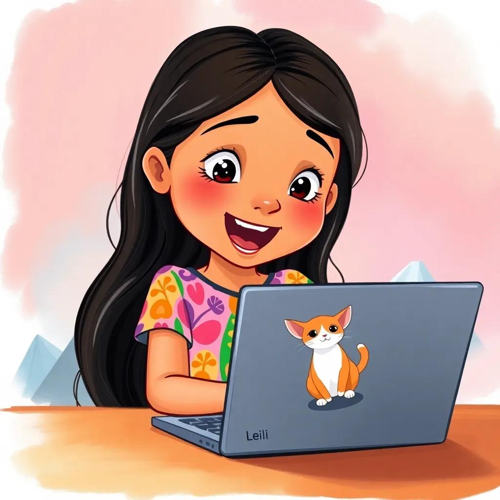 A young Arab girl, Leila, with long dark hair, wearing a colorful dress, excitedly looking at a laptop, surrounded by images of a small cat named Busi exploring mountains, vibrant colors, warm light, creative atmosphere, illustration