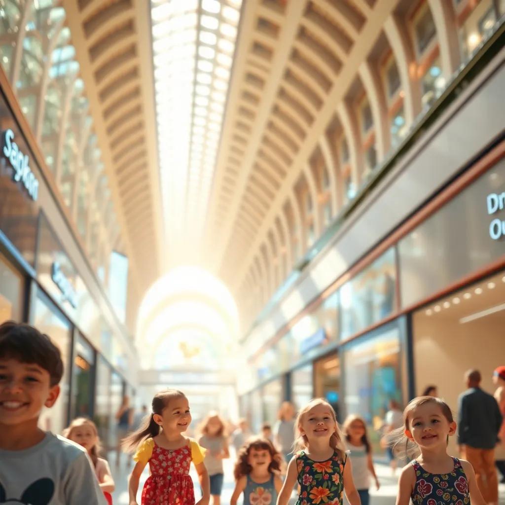 A sunny day in Dubai Mall with bright lights and shining stores, children smiling, excitement in the air, vibrant colors, digital art, high quality