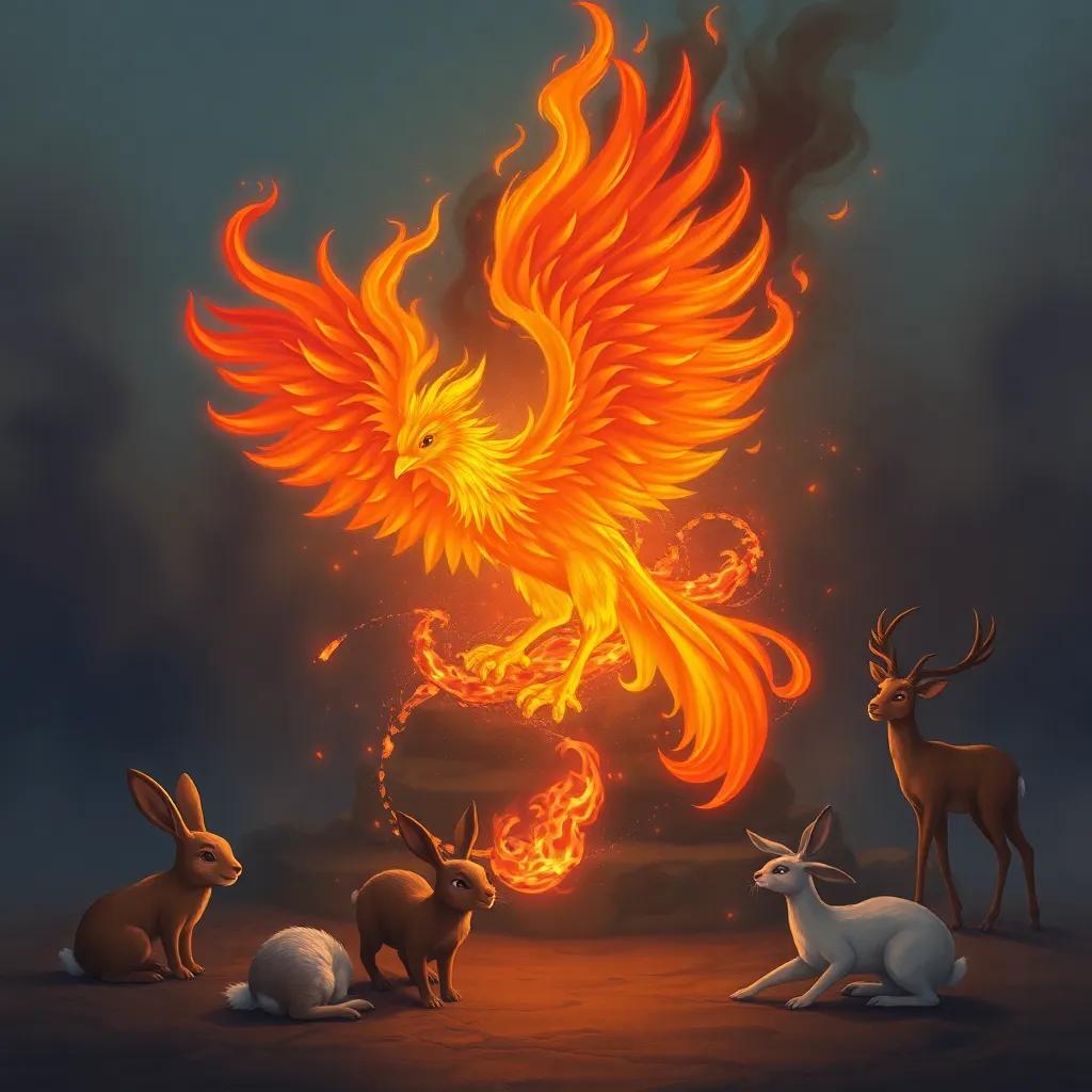 The phoenix engulfed in flames, transforming into ash, surrounded by distressed animals like rabbits and deer, illustration, somber, emotional, child-friendly.