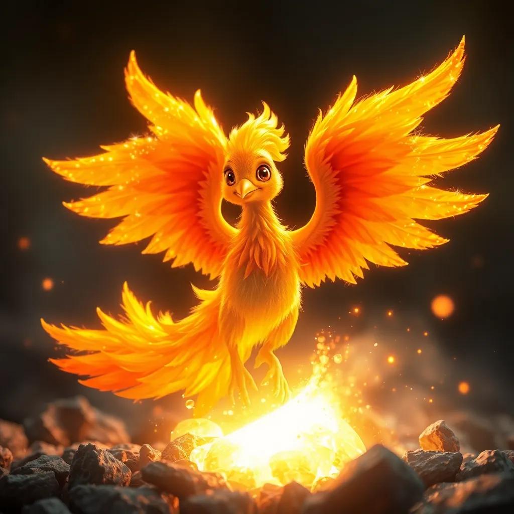 The ash glowing with light, a baby phoenix emerging, sparkling golden feathers spreading, joyful colors, magical scene, warm light, enchanting quality.