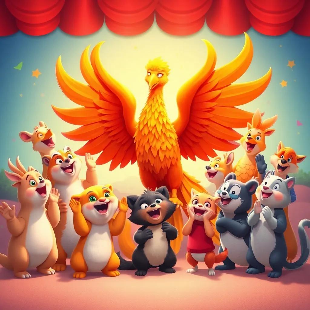 Animals cheering happily around the phoenix, clapping and celebrating, filled with joy and hope, bright colors, positive energy, child-friendly scene.