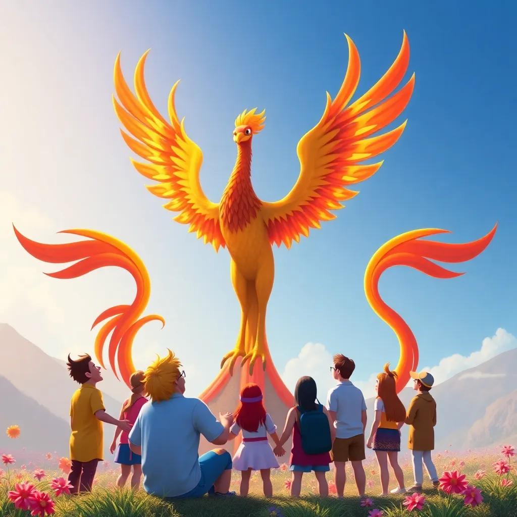 The phoenix standing tall as a symbol of strength, surrounded by a circle of friends, depicting togetherness and happiness, vibrant colors, heartwarming view.