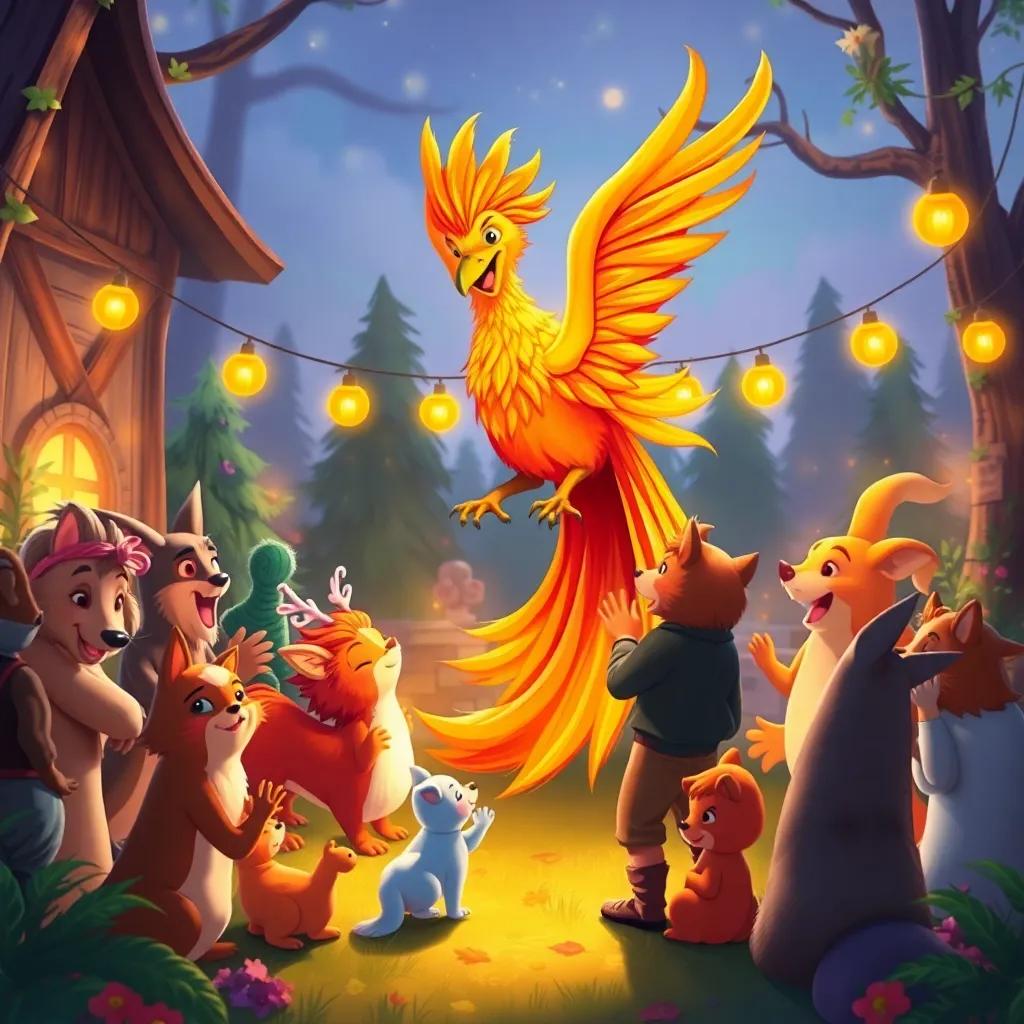 The phoenix hosting a special gathering with woodland creatures, everyone dancing and singing joyfully, colorful, festive atmosphere, enchanting quality.
