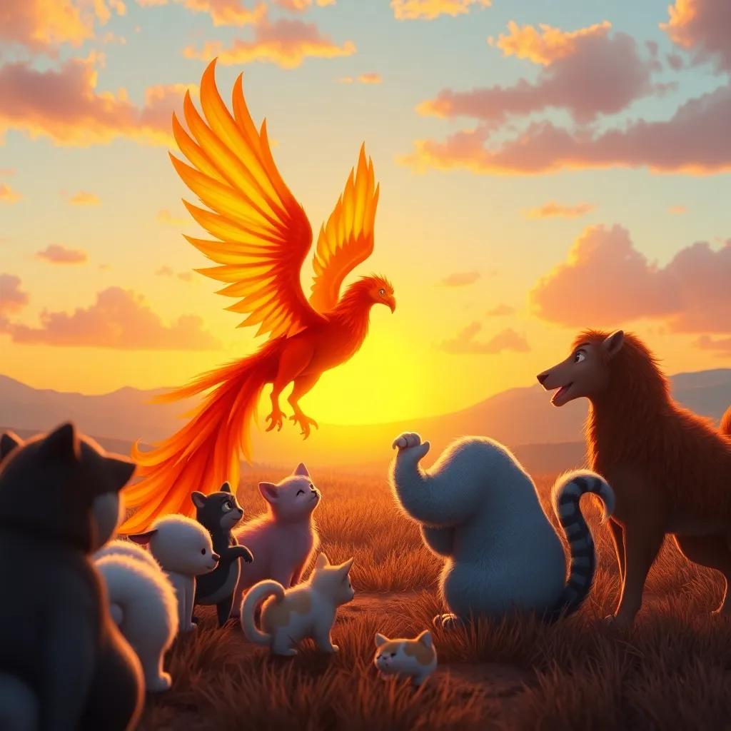 The scene of the phoenix in flames, teaching the animals about beginnings, illustrating a sunset with hope in the background, bright colors, hopeful scene.