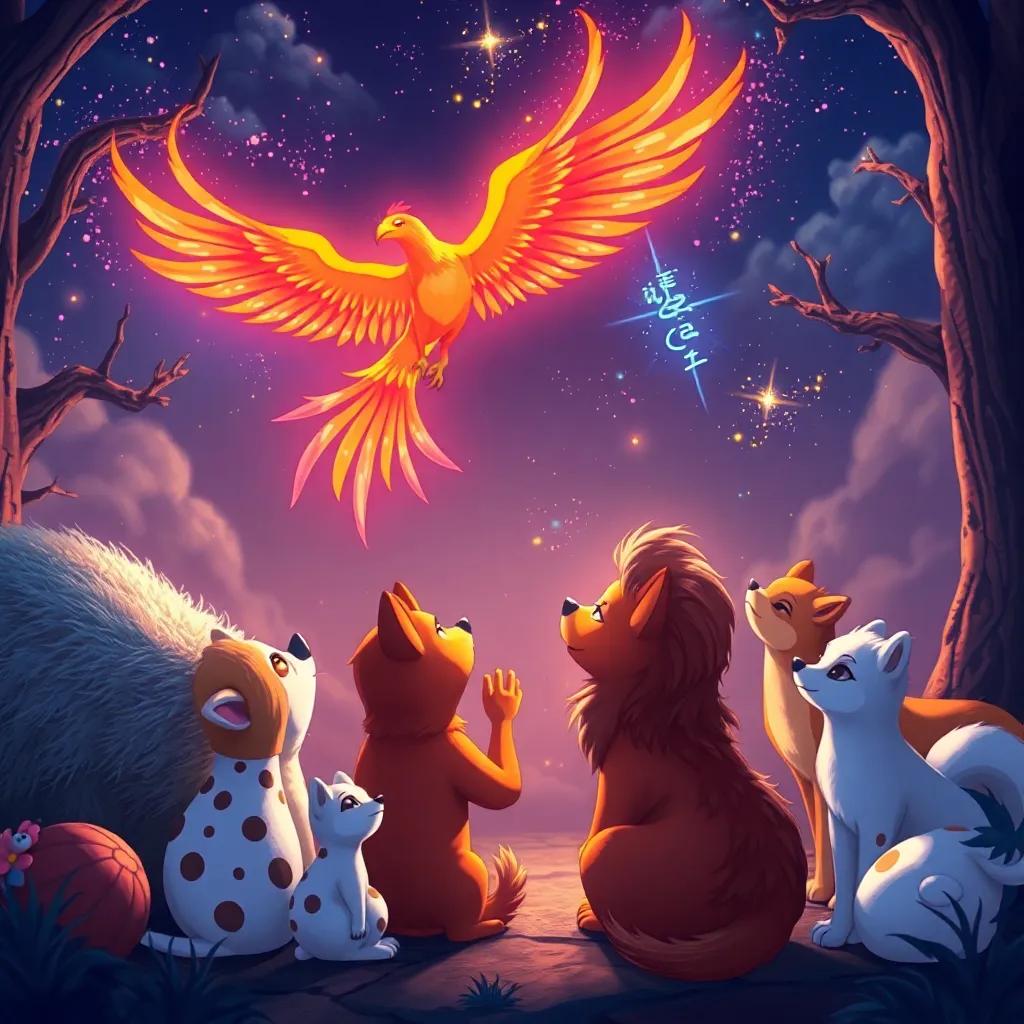 Animals learning an important lesson about challenges, inspired by the phoenix, with them imagining new dreams, thoughtful atmosphere, vibrant colors.