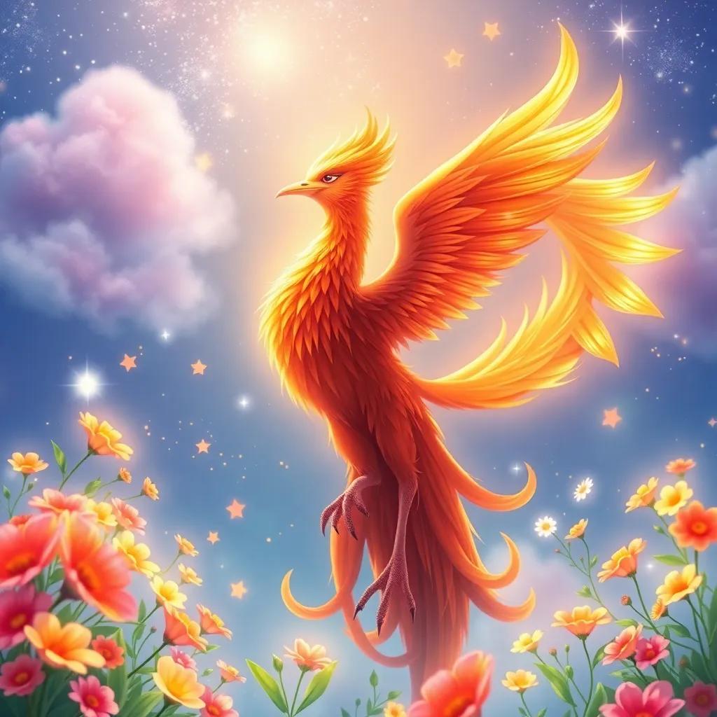 The phoenix representing hope for both young and old, surrounded by vibrant images of blossoming flowers and stars in the sky, cheerful quality, colorful.