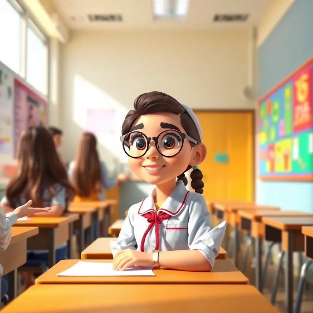 A bright classroom with a young Arab girl, Leila, wearing a school uniform and glasses, smiling as her teacher praises her, colorful posters on the wall, digital art, cheerful atmosphere, warm colors, engaging perspective, high quality