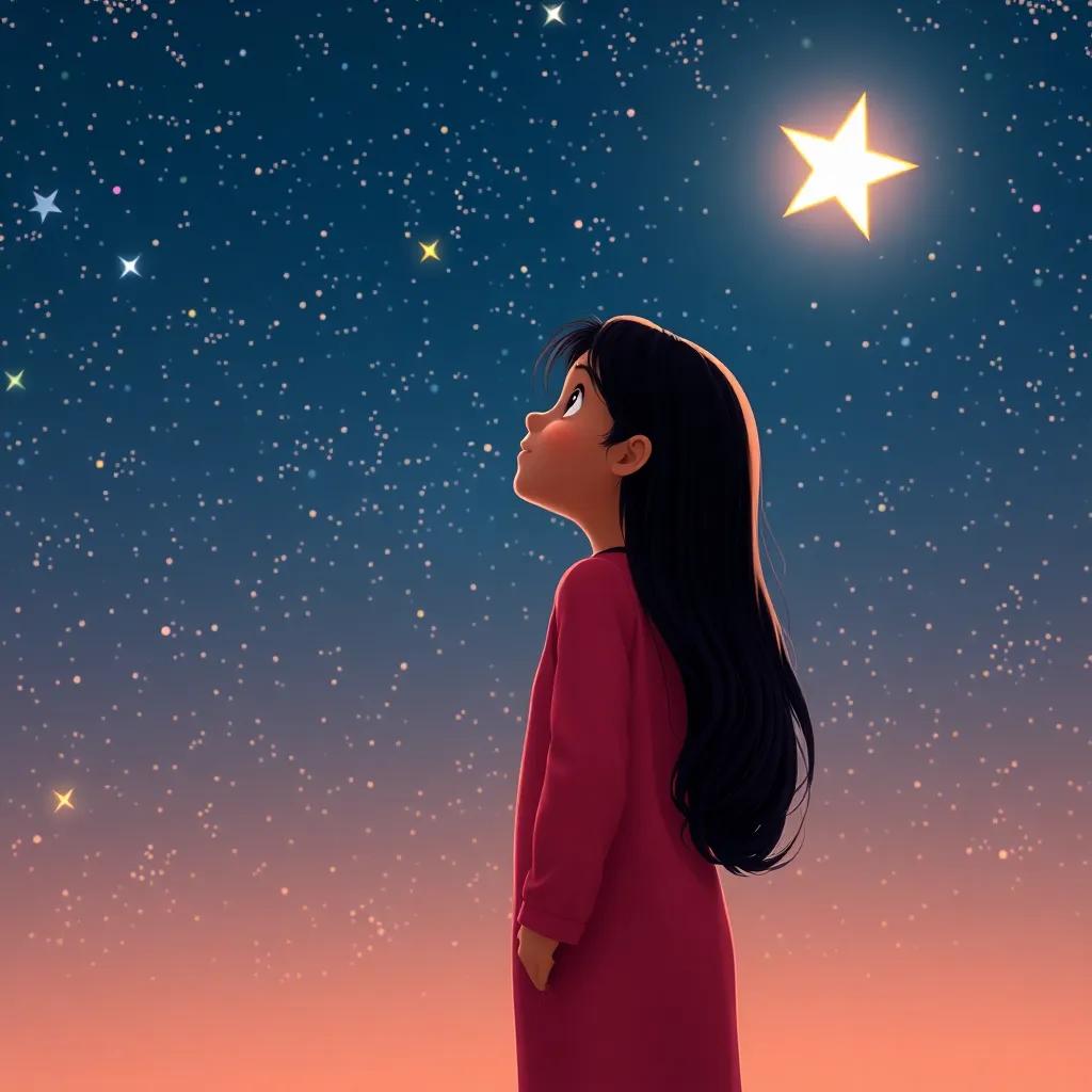 A night sky full of stars with Leila, a young Arab girl with long, dark hair, standing outside in her pajamas looking up, a large, shining star glowing brightly, magical feeling, vibrant colors, wondrous perspective, high quality
