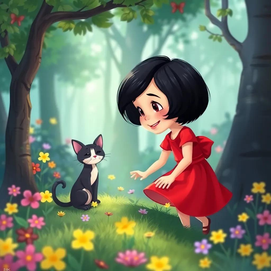 Mariam, a young girl with short black hair in a bright red dress, exploring a small forest with her cat Lolo, vibrant flowers and trees around, a cheerful atmosphere, illustration, whimsical, magic of nature, child-friendly