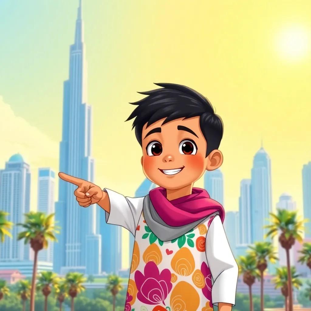 سعيد, a young Emirati boy with short black hair in a colorful kandura and ghutrah, pointing at a beautiful skyline with tall buildings and palm trees, bright sunny sky, adventure theme, joyful feeling, illustration, colorful, rich details