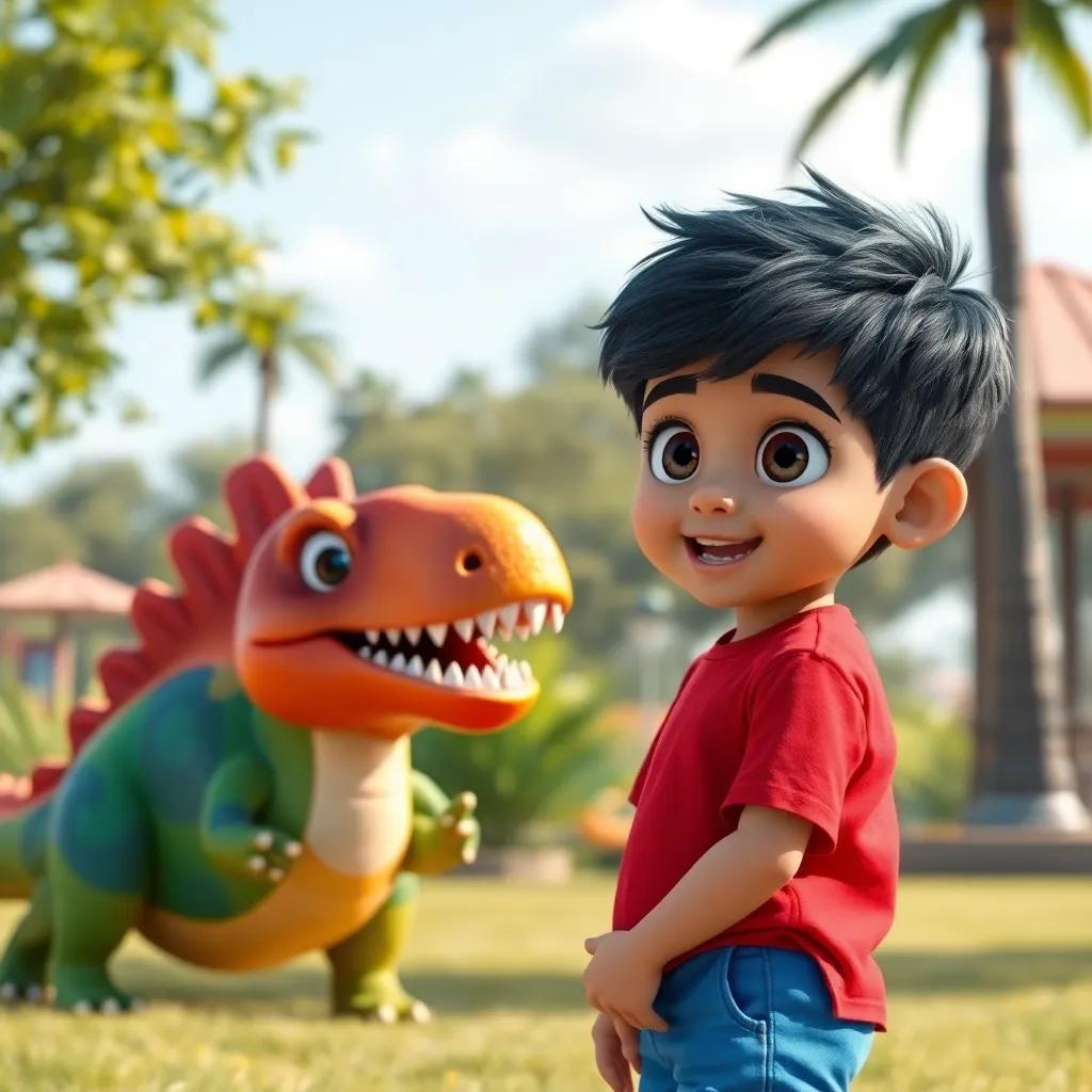 A young Arab boy, يوسف, with short black hair, wearing a bright red t-shirt and blue shorts, looking excited near a colorful small dinosaur in a sunny park, cheerful atmosphere, digital art, vibrant colors, high quality