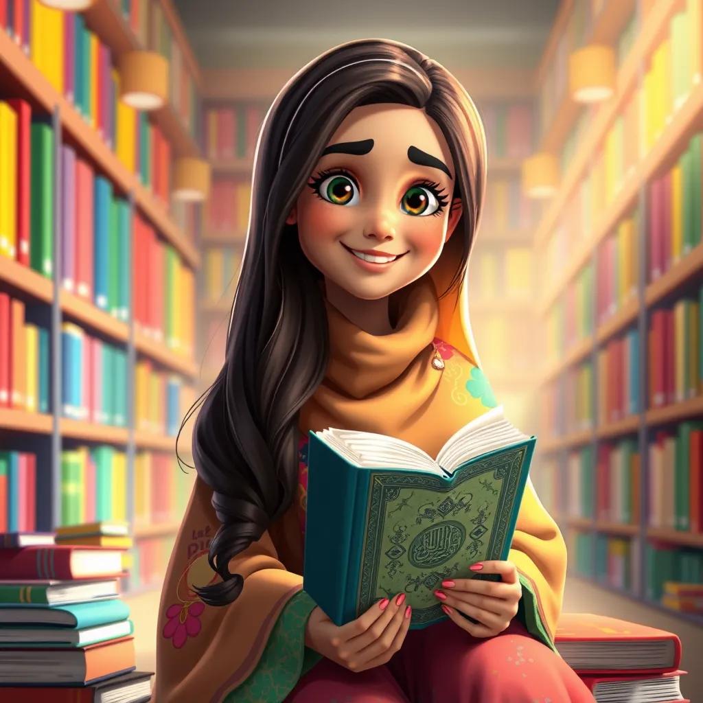 A young Arab girl, Taif, with long, dark hair, wearing a colorful abaya, holding a Quran in her hands, sitting in a library with colorful books around her, joyful atmosphere, digital art, vibrant colors, inviting light, high quality