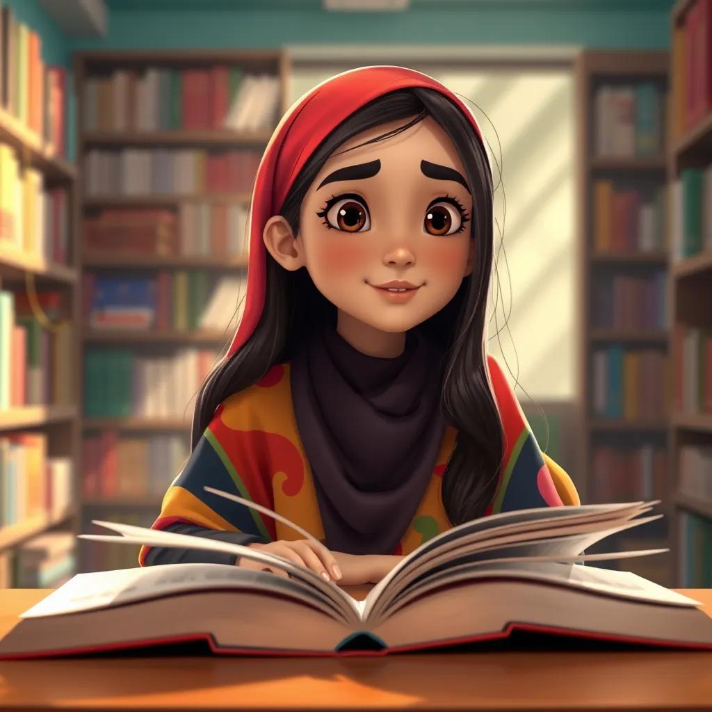 A young Arab girl, Taif, with long, dark hair, wearing a colorful abaya, sitting at a table with open books, looking inspired and curious, bright and colorful library background, cheerful, digital art, rich colors, warm sunlight, high quality