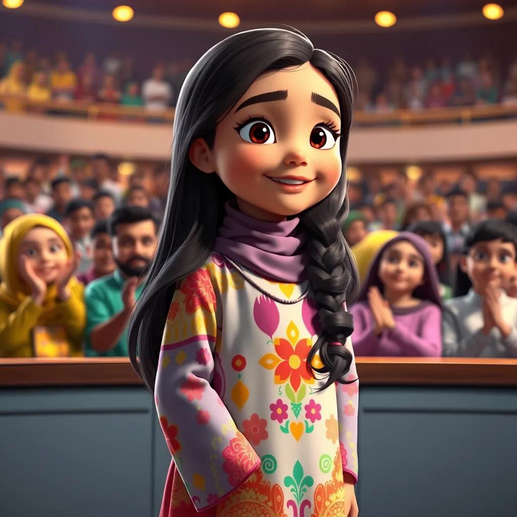 A young Arab girl, Taif, with long, dark hair, wearing a colorful abaya, standing confidently in front of a judging panel during a Quran recitation contest, background filled with people clapping and showing support, encouraging atmosphere, bright lighting, digital art, engaging and lively, high quality