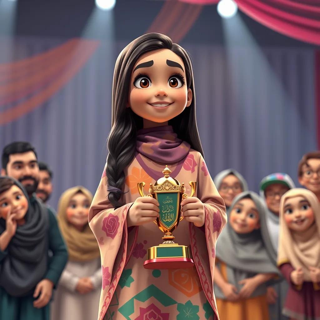 A young Arab girl, Taif, with long, dark hair, wearing a colorful abaya, smiling proudly holding a trophy on stage after winning the Quran competition, surrounded by happy family and friends, warm celebration scene, vibrant colors, joyful feelings, digital art, high quality