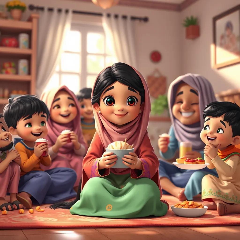 A young Arab girl, Taif, with long, dark hair, wearing a colorful abaya, sitting on the floor surrounded by her family celebrating her success with sweets and laughter, cozy home environment, child-friendly atmosphere, bright colors, cheerful expressions, digital art, heartwarming scene, high quality