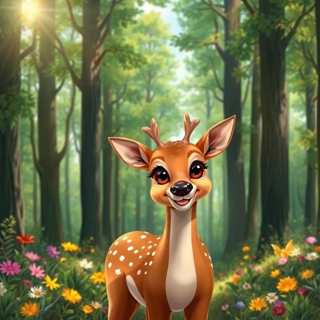 A beautiful forest with tall green trees and colorful flowers, showcasing a joyful young deer named Zahra with big eyes, in a playful mood, digital art, vibrant colors, sunny atmosphere, high quality