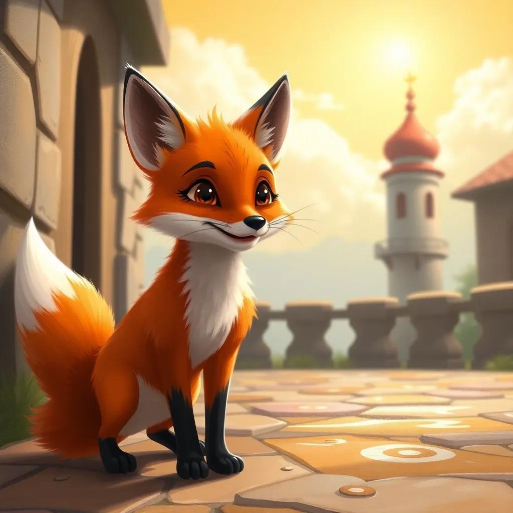 A shy but friendly fox named Fahd, with bright orange fur and a white tip on his tail, standing near Zahra, digital art, cheerful setting, with a sunny sky