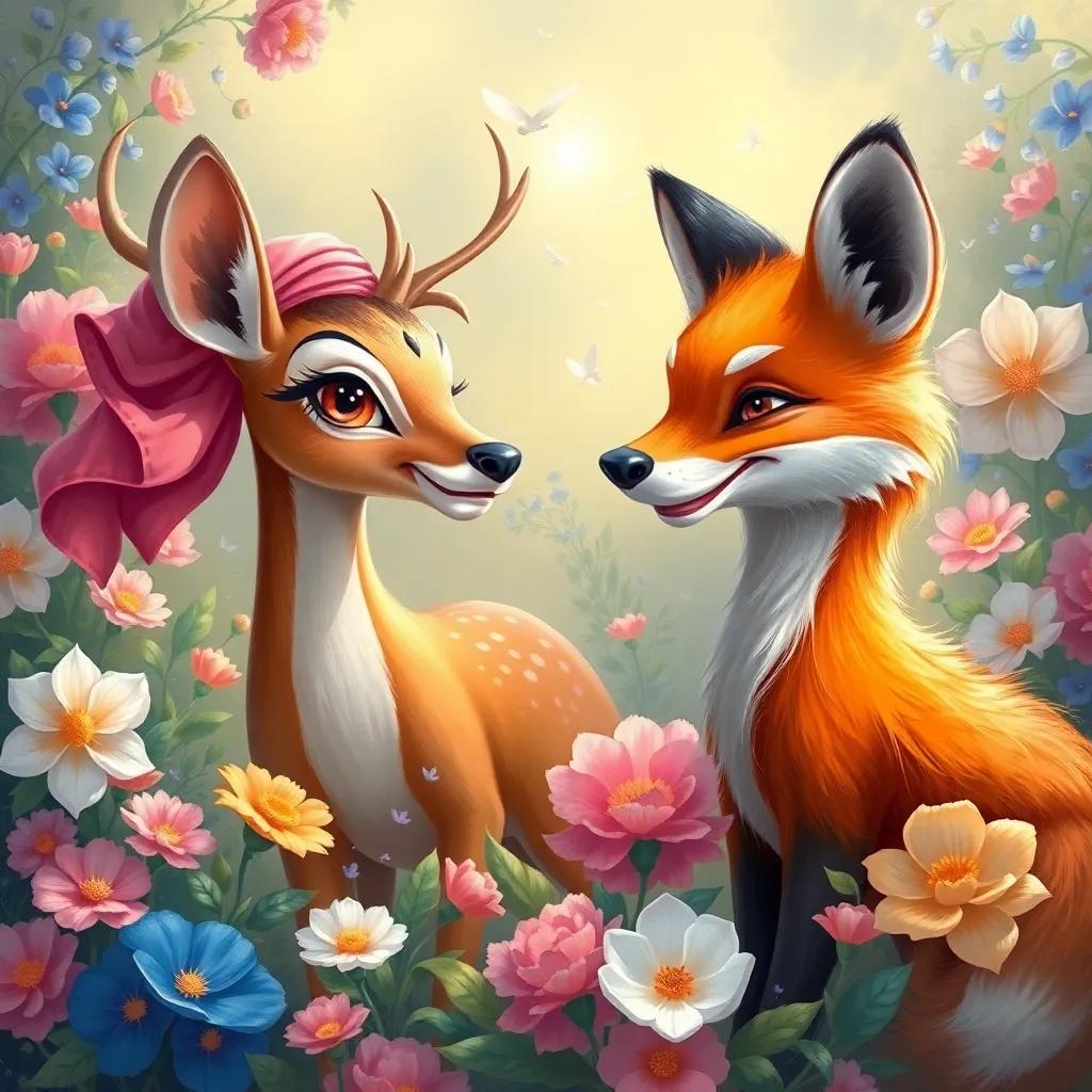 Zahra the deer happily approaching Fahd the fox, with a friendly smile, amidst beautiful flowers, digital painting, bright and inviting, clear colors, high quality