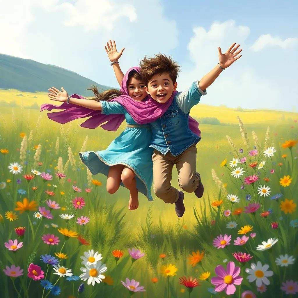 Zahra and Fahd playing together, jumping and running through the flowers in a meadow, joyful expressions, colorful landscape, digital art, lively scene, child-friendly