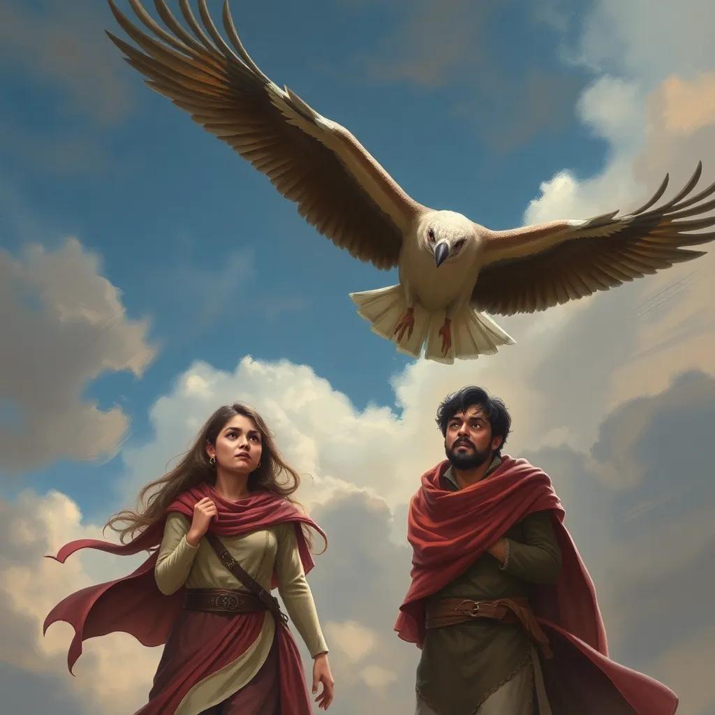 A sudden flurry of wings as a large bird flies overhead, startling both Zahra and Fahd, looking worried and surprised, digital artwork, dramatic sky, high quality
