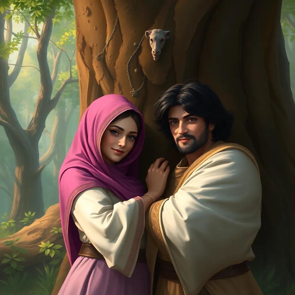 Zahra reassuring Fahd, both hiding behind a large tree, expressions of calmness and bravery, in a serene forest setting, digital art, soft light, warm colors