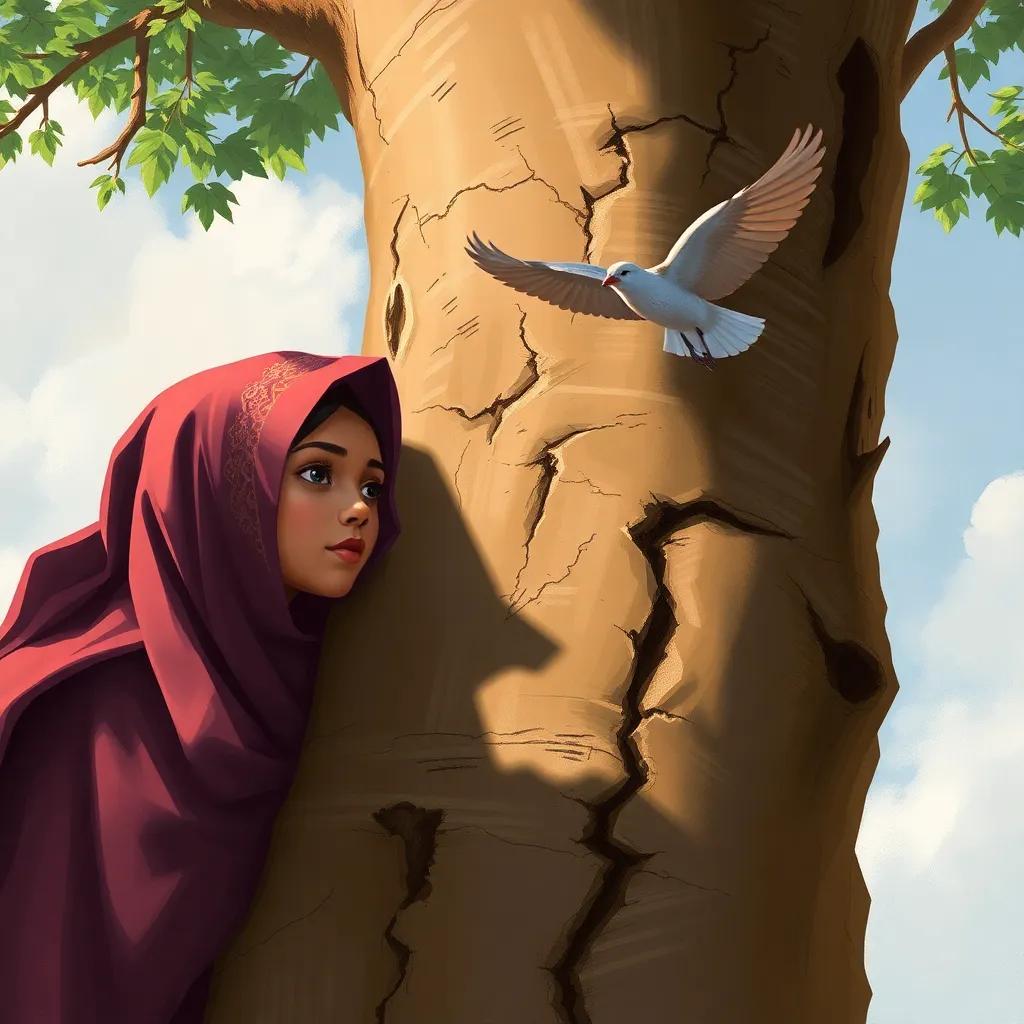 Zahra and Fahd peeking from behind the tree, as the bird flies away, expressions of relief and happiness, digital painting, light and uplifting, high quality