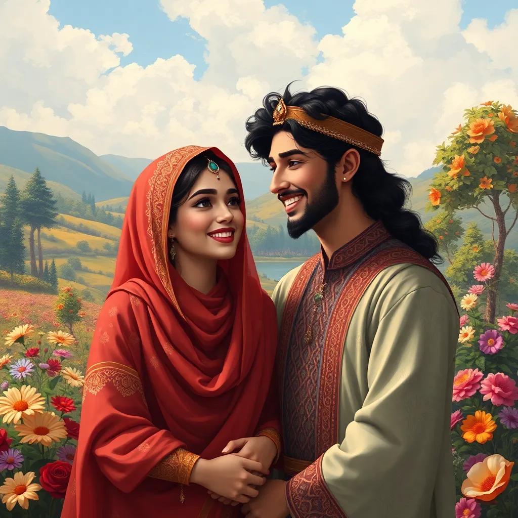 Zahra smiling at Fahd, appreciating their friendship, with a beautiful landscape behind them, filled with flowers and trees, digital art, joyful scene, colorful
