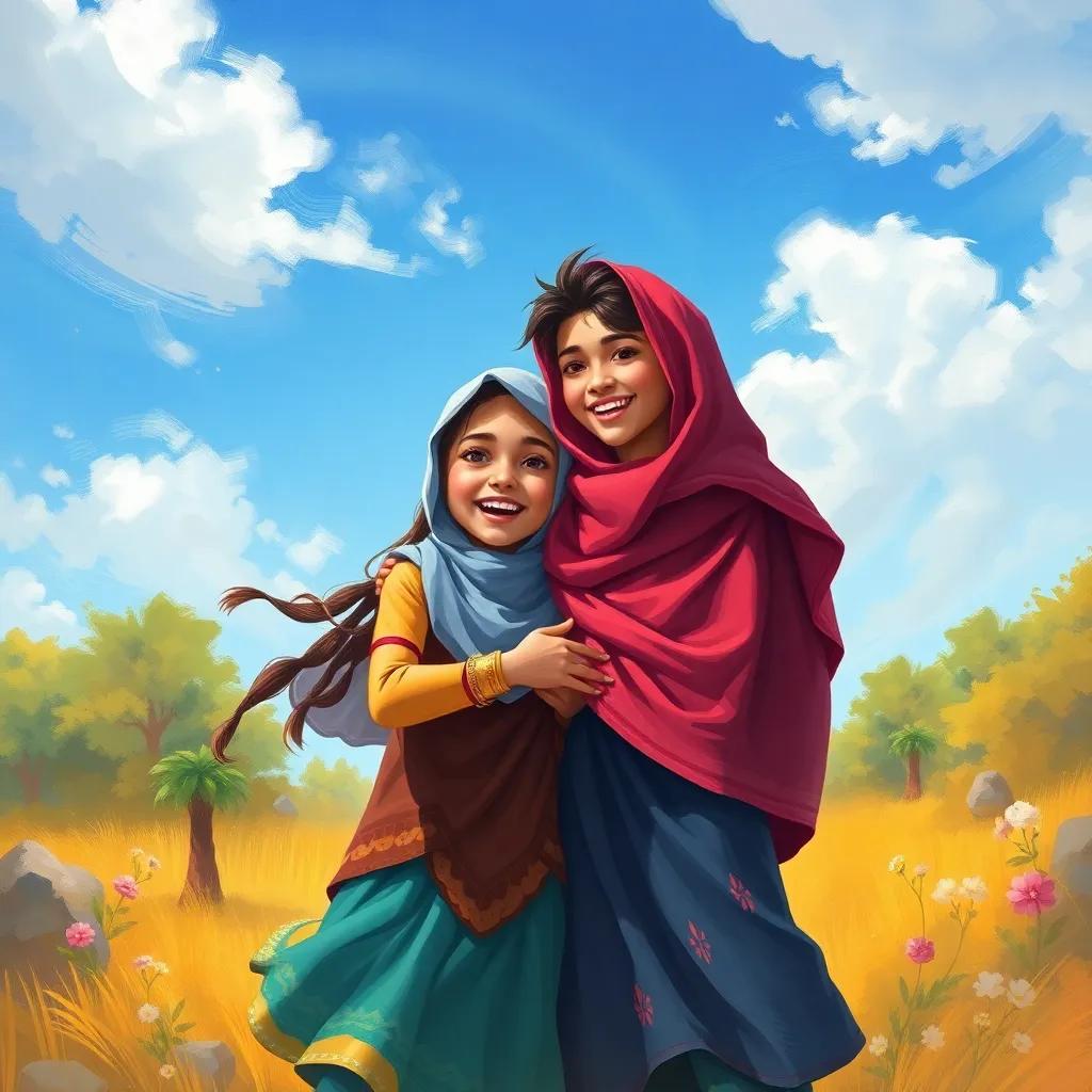 A cheerful scene of Zahra and Fahd playing together under a blue sky, surrounded by nature, showcasing their growing friendship, digital painting, vibrant colors, high quality