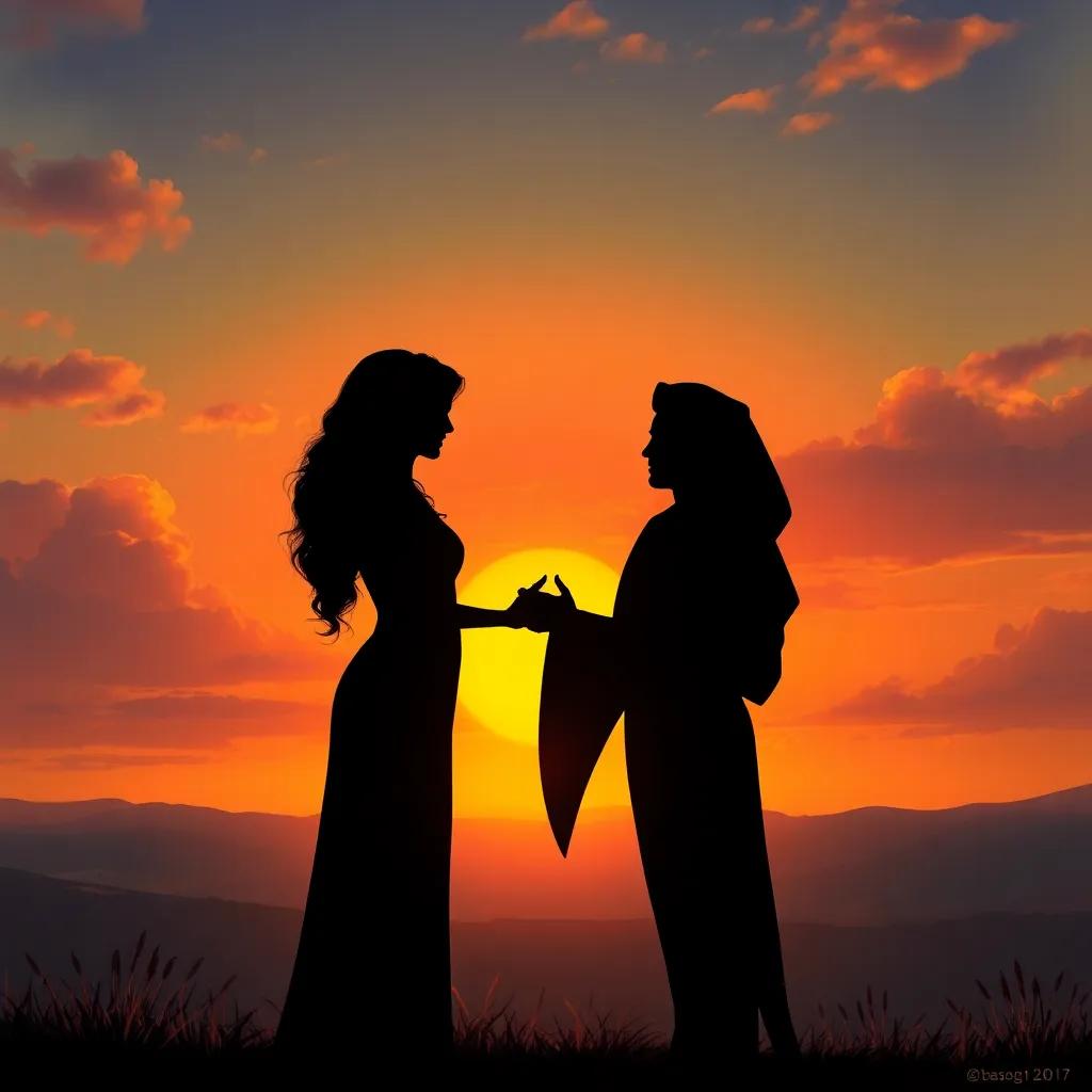 A silhouette of Zahra and Fahd against a sunset, symbolizing their strong friendship, peaceful expression, beautiful landscape, digital art, warm colors, high quality
